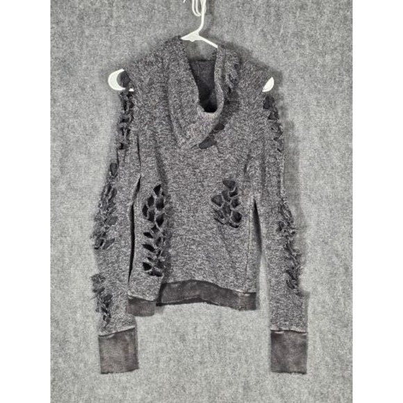 BKE Gilded Intent Distressed Cutout Cold Shoulder Hoodie Sweater Women's Size S - Picture 2 of 10